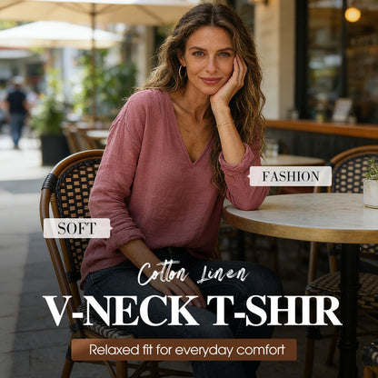 Women's Cotton Linen V-Neck T-Shirt