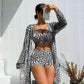 📢📢50% OFF !! ⏰Women's Geometric Print 3-Piece Swimwear Set | High-Waisted Tummy Control Bikini & Sheer Cover-Up | Summer Beach Holiday Outfit