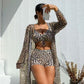 📢📢50% OFF !! ⏰Women's Geometric Print 3-Piece Swimwear Set | High-Waisted Tummy Control Bikini & Sheer Cover-Up | Summer Beach Holiday Outfit