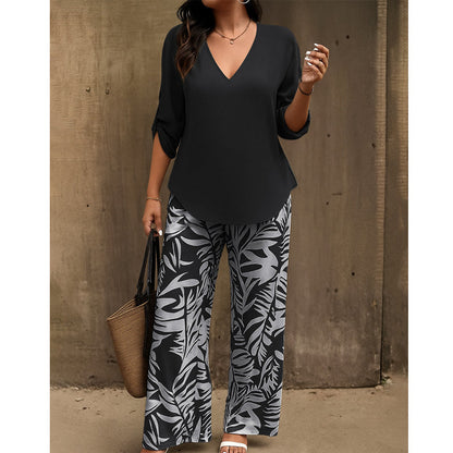 Women's V-Neck Blouse & Printed Wide-Leg Pants Set