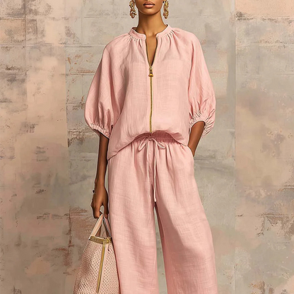 👚 40% OFF! 👖 Women's Solid Color 2-Piece Tracksuit – Puff Sleeve, Wide Leg, Zipper Detail ✨