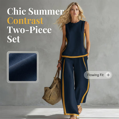 Casual Sleeveless Colorblock Top & Wide-Leg Pants Set