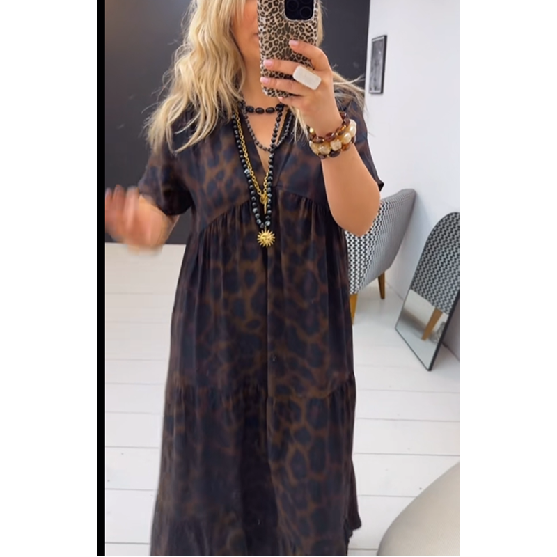 💃🌟 שמלת מקסי ארוכה נשית | הדפס נמר מרהיב, צוואר V אלגנטי ✨