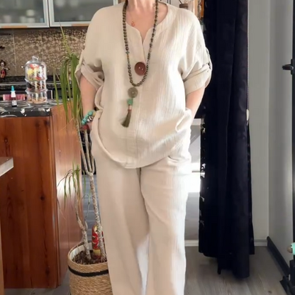 Women's Comfortable Roll-Tab Sleeve Loungewear Set