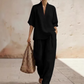 Women's Casual V-Neck Top and Wide-Leg Pants Set