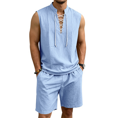 🧵 50% הנחה לזמן מוגבל! ✨ סט ללא שרוולים מפשתן לגברים - טופ ומכנסיים קצרים, שרוכים, 7 צבעים ☀️