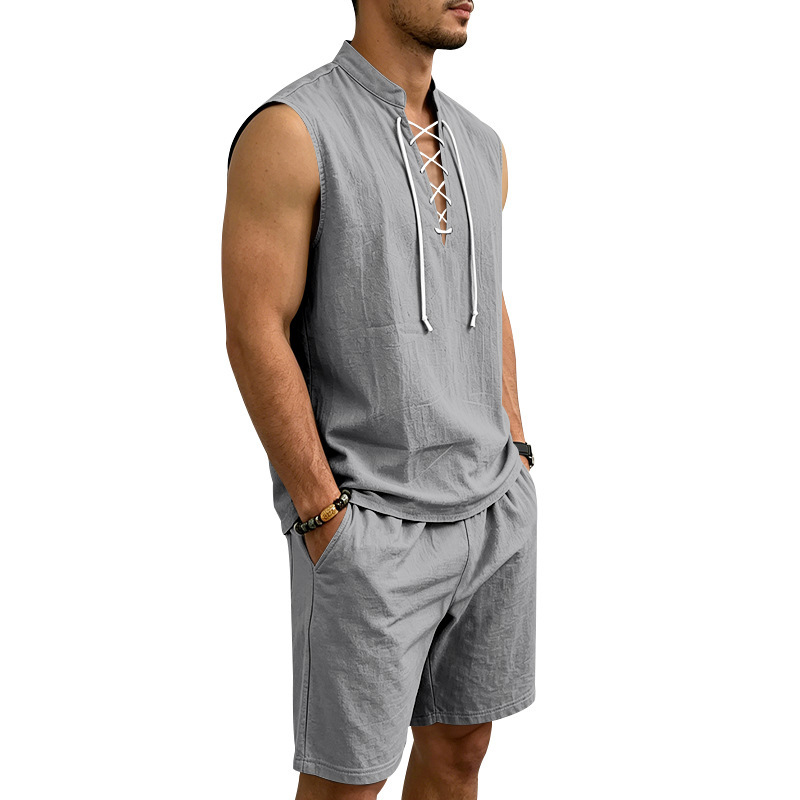 🧵 50% הנחה לזמן מוגבל! ✨ סט ללא שרוולים מפשתן לגברים - טופ ומכנסיים קצרים, שרוכים, 7 צבעים ☀️