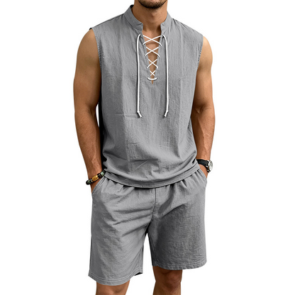 🧵 50% הנחה לזמן מוגבל! ✨ סט ללא שרוולים מפשתן לגברים - טופ ומכנסיים קצרים, שרוכים, 7 צבעים ☀️