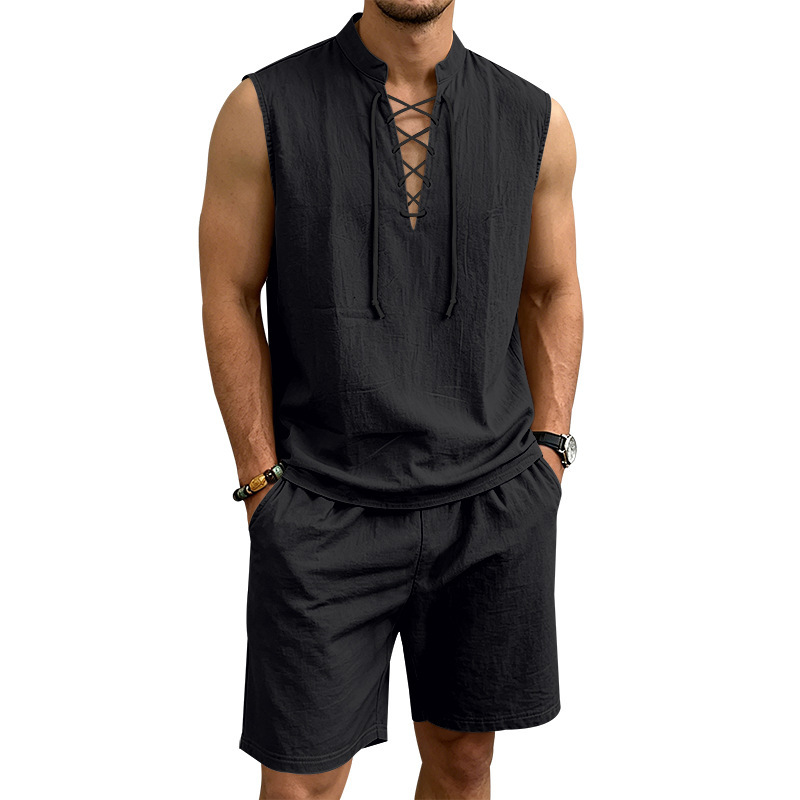 🧵 50% הנחה לזמן מוגבל! ✨ סט ללא שרוולים מפשתן לגברים - טופ ומכנסיים קצרים, שרוכים, 7 צבעים ☀️