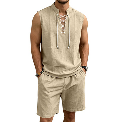 🧵 50% הנחה לזמן מוגבל! ✨ סט ללא שרוולים מפשתן לגברים - טופ ומכנסיים קצרים, שרוכים, 7 צבעים ☀️