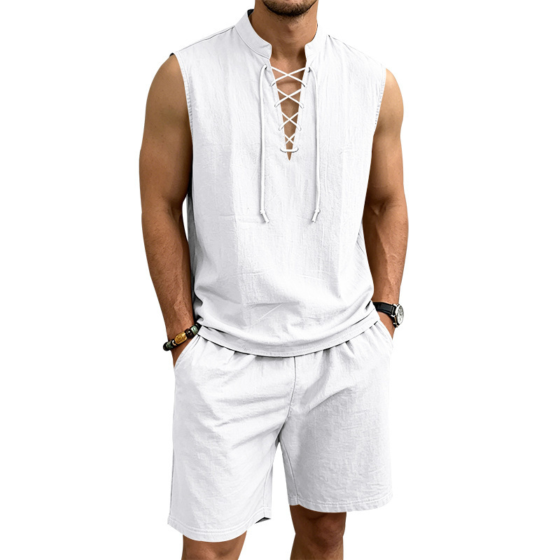 🧵 50% הנחה לזמן מוגבל! ✨ סט ללא שרוולים מפשתן לגברים - טופ ומכנסיים קצרים, שרוכים, 7 צבעים ☀️