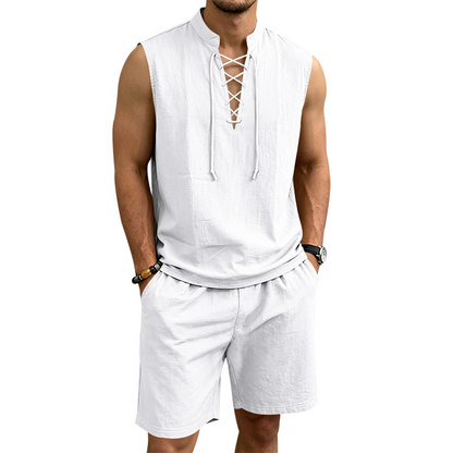 🧵 50% הנחה לזמן מוגבל! ✨ סט ללא שרוולים מפשתן לגברים - טופ ומכנסיים קצרים, שרוכים, 7 צבעים ☀️