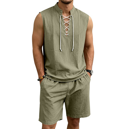 🧵 50% הנחה לזמן מוגבל! ✨ סט ללא שרוולים מפשתן לגברים - טופ ומכנסיים קצרים, שרוכים, 7 צבעים ☀️