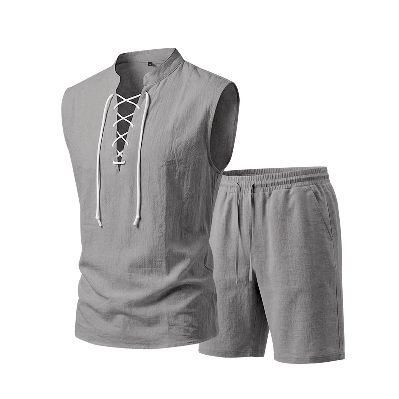 🧵 50% הנחה לזמן מוגבל! ✨ סט ללא שרוולים מפשתן לגברים - טופ ומכנסיים קצרים, שרוכים, 7 צבעים ☀️