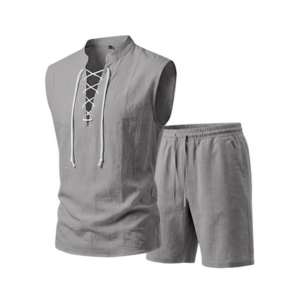 🧵 50% הנחה לזמן מוגבל! ✨ סט ללא שרוולים מפשתן לגברים - טופ ומכנסיים קצרים, שרוכים, 7 צבעים ☀️