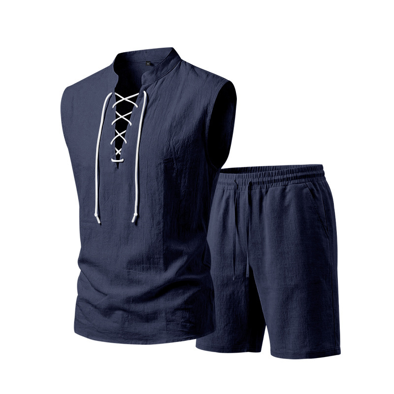 🧵 50% הנחה לזמן מוגבל! ✨ סט ללא שרוולים מפשתן לגברים - טופ ומכנסיים קצרים, שרוכים, 7 צבעים ☀️