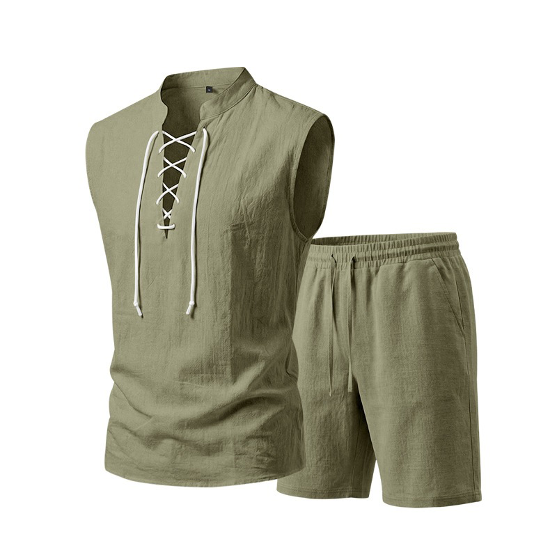 🧵 50% הנחה לזמן מוגבל! ✨ סט ללא שרוולים מפשתן לגברים - טופ ומכנסיים קצרים, שרוכים, 7 צבעים ☀️