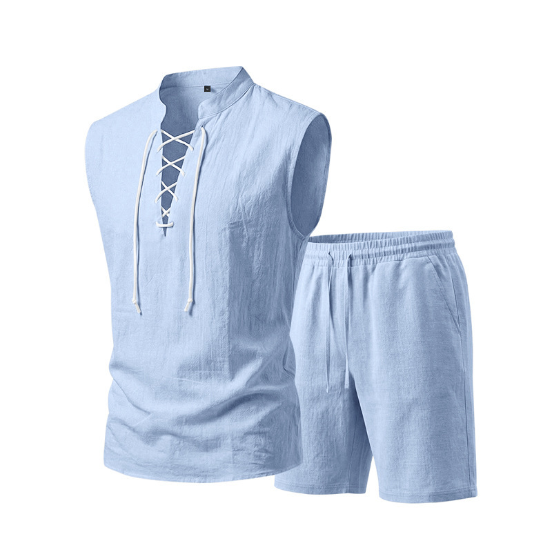 🧵 50% הנחה לזמן מוגבל! ✨ סט ללא שרוולים מפשתן לגברים - טופ ומכנסיים קצרים, שרוכים, 7 צבעים ☀️