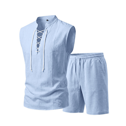 🧵 50% הנחה לזמן מוגבל! ✨ סט ללא שרוולים מפשתן לגברים - טופ ומכנסיים קצרים, שרוכים, 7 צבעים ☀️