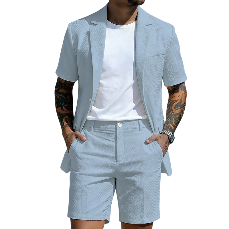 Men's Textured Short-Sleeve Blazer & Shorts Set