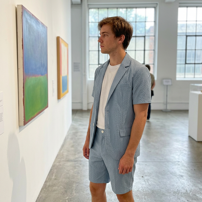 Men's Textured Short-Sleeve Blazer & Shorts Set