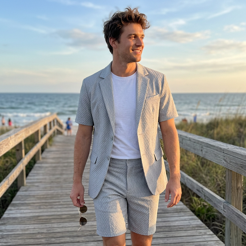 Men's Textured Short-Sleeve Blazer & Shorts Set
