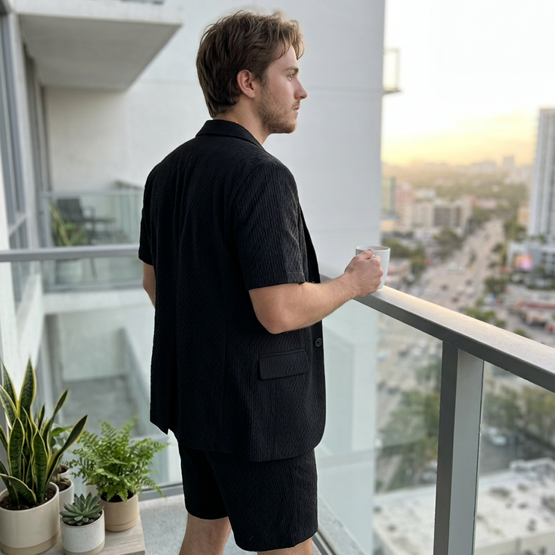 Men's Textured Short-Sleeve Blazer & Shorts Set