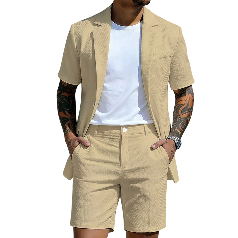 Men's Textured Short-Sleeve Blazer & Shorts Set