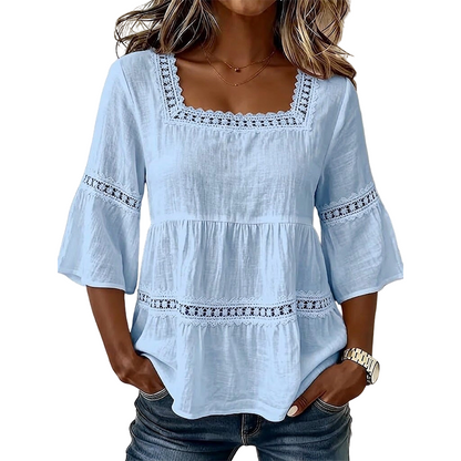 👚 חולצת קיץ אלגנטית עם צוואר מרובע | תחרה ושרוולי פעמון 🌸