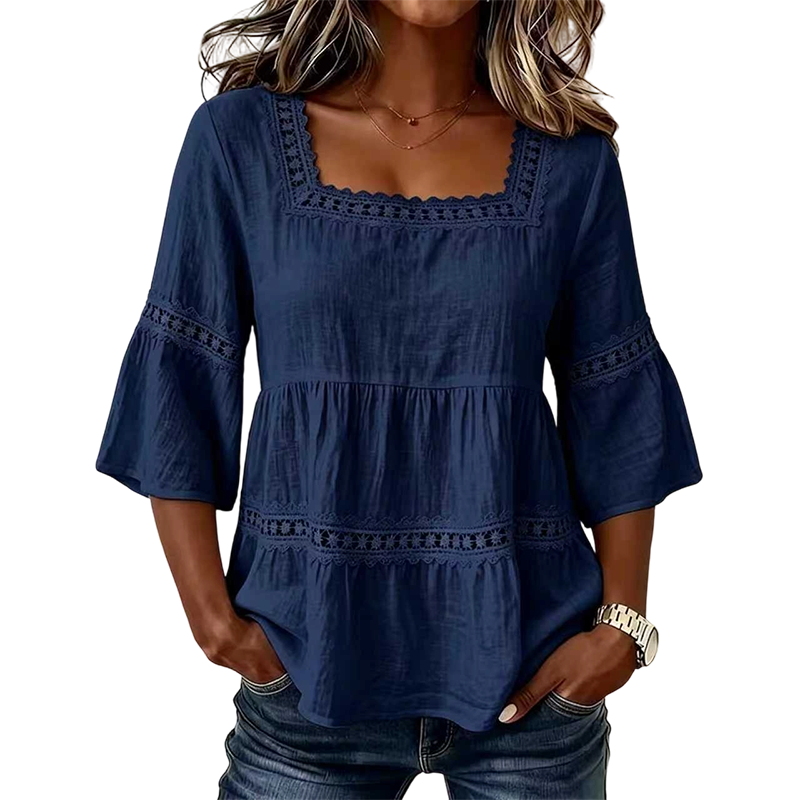 👚 חולצת קיץ אלגנטית עם צוואר מרובע | תחרה ושרוולי פעמון 🌸