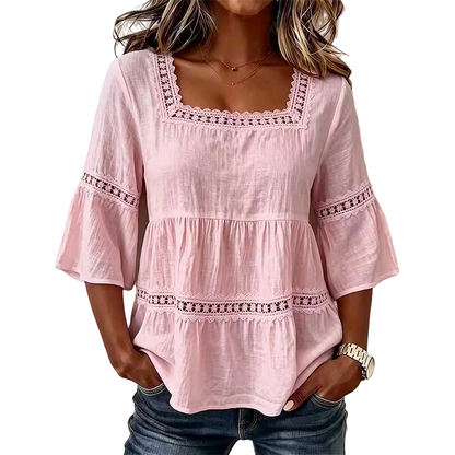 👚 חולצת קיץ אלגנטית עם צוואר מרובע | תחרה ושרוולי פעמון 🌸