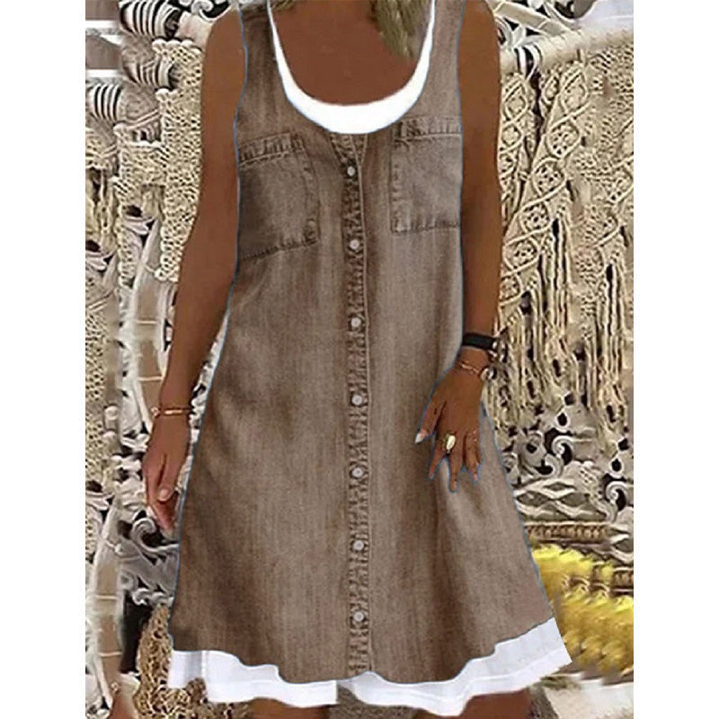 💗👗LAST DAY SALE 60% OFF⚡Women's Faux Two-Piece Denim Print Dress - Throw It On And Look Instantly Put Together✨