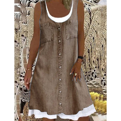 💗👗LAST DAY SALE 60% OFF⚡Women's Faux Two-Piece Denim Print Dress - Throw It On And Look Instantly Put Together✨
