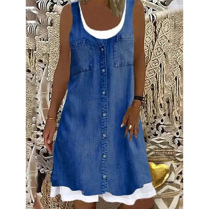 💗👗LAST DAY SALE 60% OFF⚡Women's Faux Two-Piece Denim Print Dress - Throw It On And Look Instantly Put Together✨