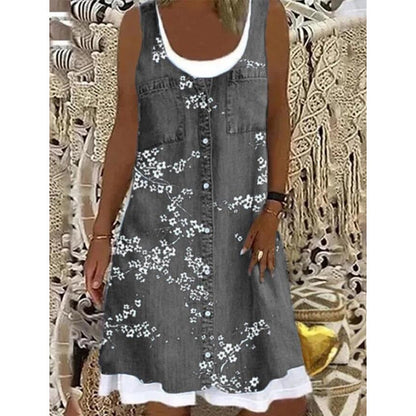 💗👗LAST DAY SALE 60% OFF⚡Women's Faux Two-Piece Denim Print Dress - Throw It On And Look Instantly Put Together✨