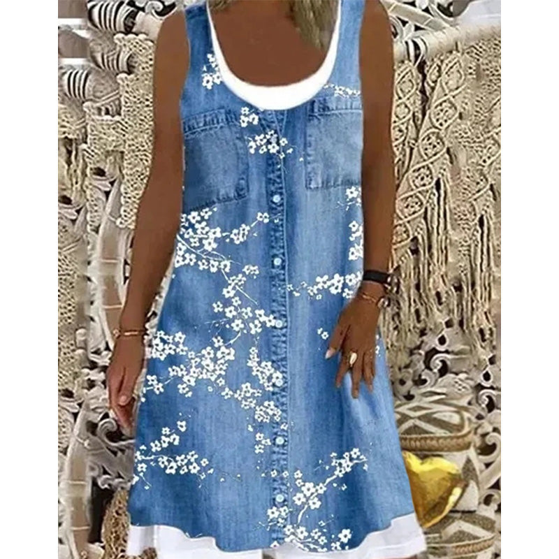 💗👗LAST DAY SALE 60% OFF⚡Women's Faux Two-Piece Denim Print Dress - Throw It On And Look Instantly Put Together✨