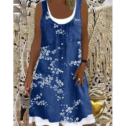 💗👗LAST DAY SALE 60% OFF⚡Women's Faux Two-Piece Denim Print Dress - Throw It On And Look Instantly Put Together✨
