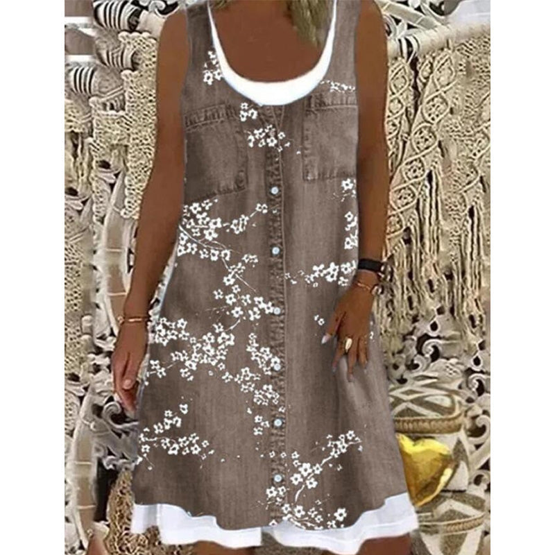 💗👗LAST DAY SALE 60% OFF⚡Women's Faux Two-Piece Denim Print Dress - Throw It On And Look Instantly Put Together✨
