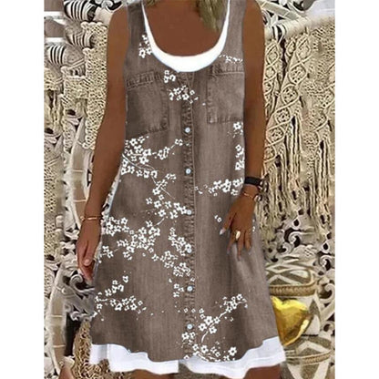 💗👗LAST DAY SALE 60% OFF⚡Women's Faux Two-Piece Denim Print Dress - Throw It On And Look Instantly Put Together✨