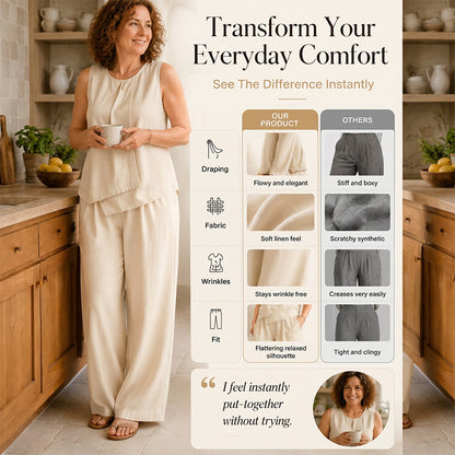 📢📢 50% הנחה👗✨ סט טופ אסימטרי ומכנסיים רחבים לנשים – סגנון רחב שיקי ונטול מאמץ🔥