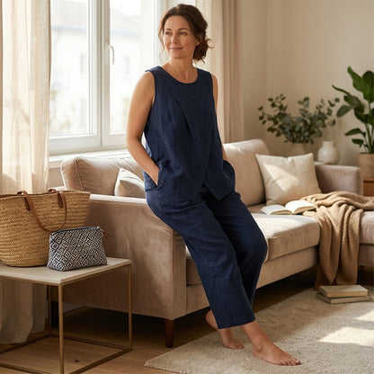 📢📢 50% הנחה👗✨ סט טופ אסימטרי ומכנסיים רחבים לנשים – סגנון רחב שיקי ונטול מאמץ🔥