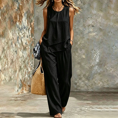 📢📢 50% הנחה👗✨ סט טופ אסימטרי ומכנסיים רחבים לנשים – סגנון רחב שיקי ונטול מאמץ🔥