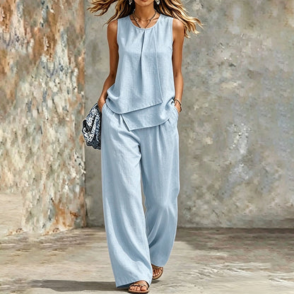 📢📢 50% הנחה👗✨ סט טופ אסימטרי ומכנסיים רחבים לנשים – סגנון רחב שיקי ונטול מאמץ🔥