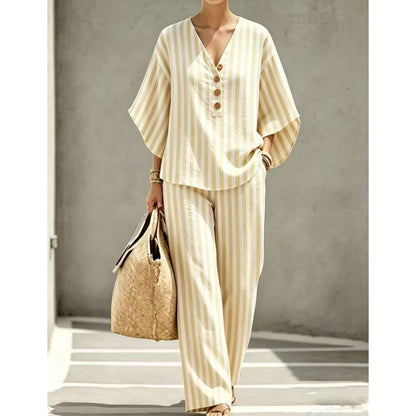 👚👖Women's Striped V-Neck Top & Wide-Leg Pants Set