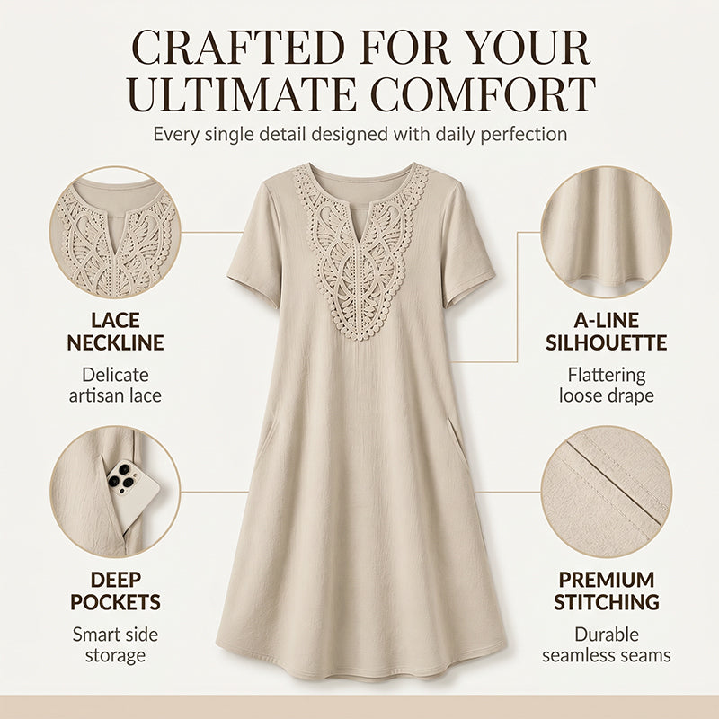 💥✨Limited-time 50% Off Special Offer👗Women's Bohemian Lace V-Neck T-Shirt Dress – Effortless Summer Chic✨