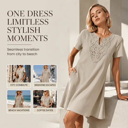 💥✨Limited-time 50% Off Special Offer👗Women's Bohemian Lace V-Neck T-Shirt Dress – Effortless Summer Chic✨