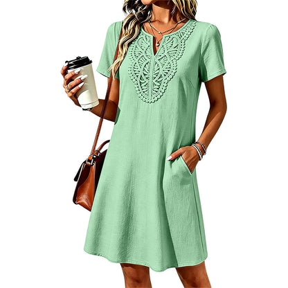 💥✨Limited-time 50% Off Special Offer👗Women's Bohemian Lace V-Neck T-Shirt Dress – Effortless Summer Chic✨