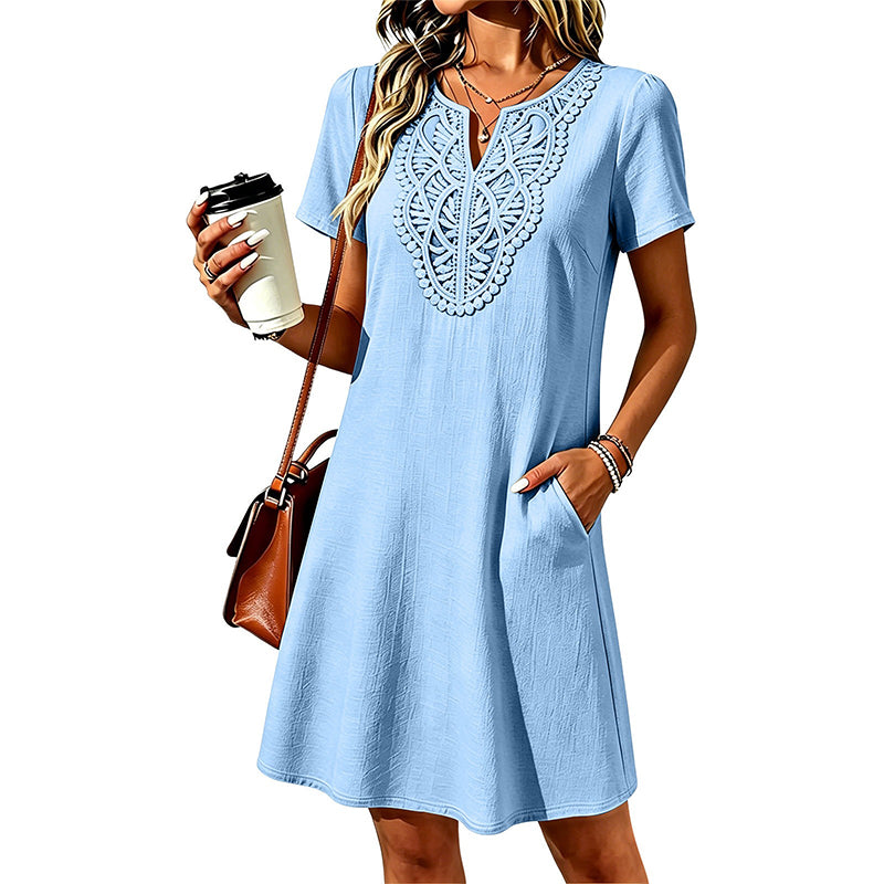 💥✨Limited-time 50% Off Special Offer👗Women's Bohemian Lace V-Neck T-Shirt Dress – Effortless Summer Chic✨