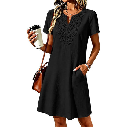 💥✨Limited-time 50% Off Special Offer👗Women's Bohemian Lace V-Neck T-Shirt Dress – Effortless Summer Chic✨