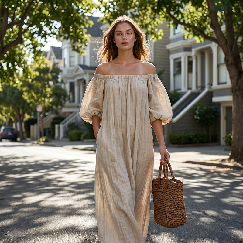👗 LIMITED-TIME 50% OFF! ✨ Women's Off-Shoulder Maxi Dress – Lantern Sleeves, Relaxed Fit, Side Pockets 🌸